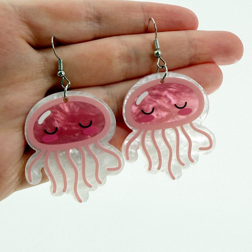 Pink Kawaii Jellyfish Acrylic Dangle Earrings, Novelty Earrings